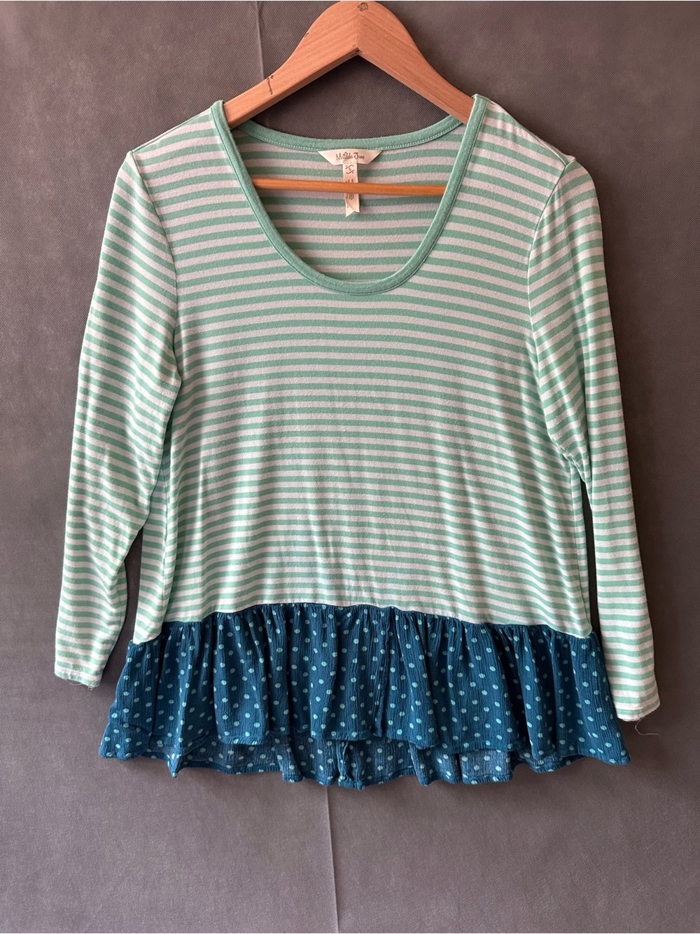 Matilda Jane Women’s Small Green Stripe Polka Dot Ruffle Hem Tunic Top